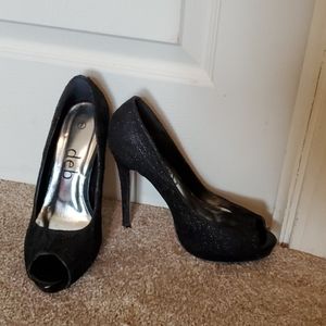 Black glittery peep toe heels